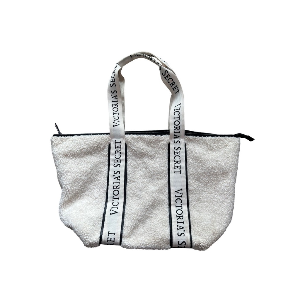 Victorias Secret Sherpa Fleece Tote Bag Cream Black Logo Handle Zipper Travel